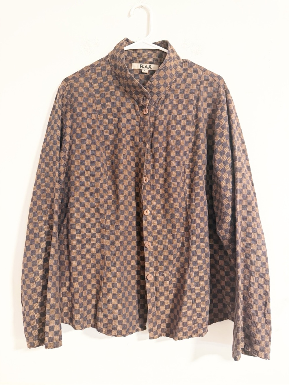 Flax Jeanne Engelhart 100% Linen Checkered Button Front Top L Brown Check